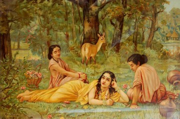 鹿とシャクンタラ ラジャ ラヴィ ヴァルマ インディアン Oil Paintings